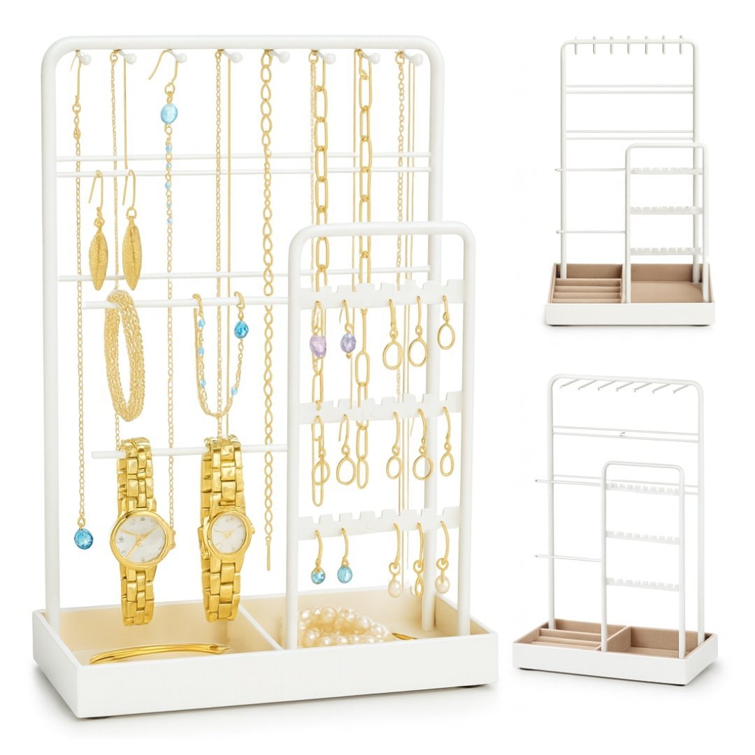 BIAŁY STOJAK NA BIŻUTERIĘ Z AKSAMITNĄ TACĄ METALOWĄ RAMĄ ORGANIZER UCHWYT