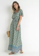 Sukienki - Miętowa Sukienka z Wiskozy w Etno Wzór z Gumką i Paskiem w Talii Lucassa - miniaturka - grafika 1