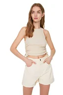 Body - Trendyol Damska odzież wypoczynkowa, dopasowana bodycon, tkana bluzka z okrągłym dekoltem, KAMIEŃ, S - miniaturka - grafika 1