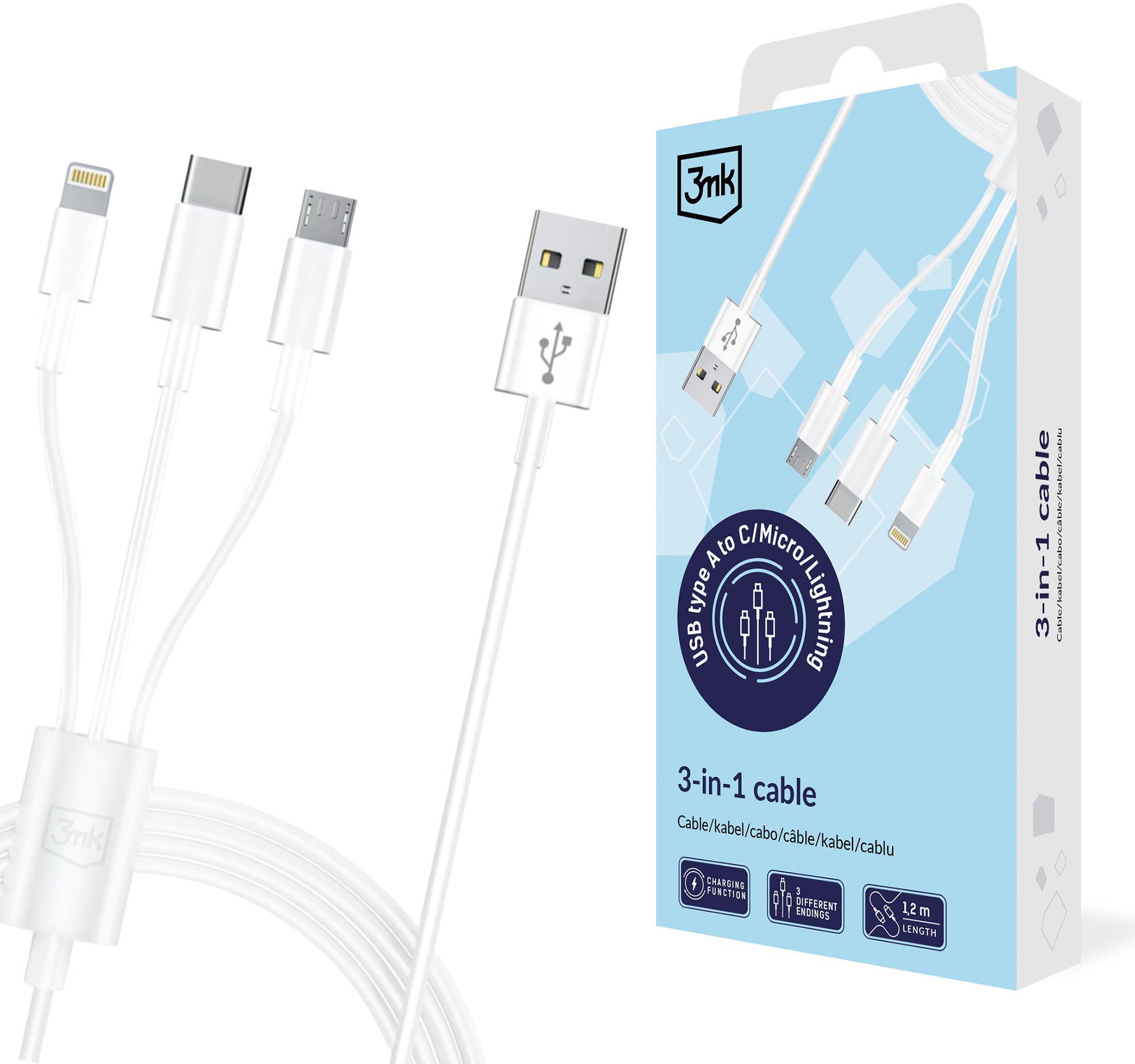 3MK Accessories - Cable USB type A do USB C/Micro USB/Lightning 1,2m 20V/2.4A 15W White MM - global 159959