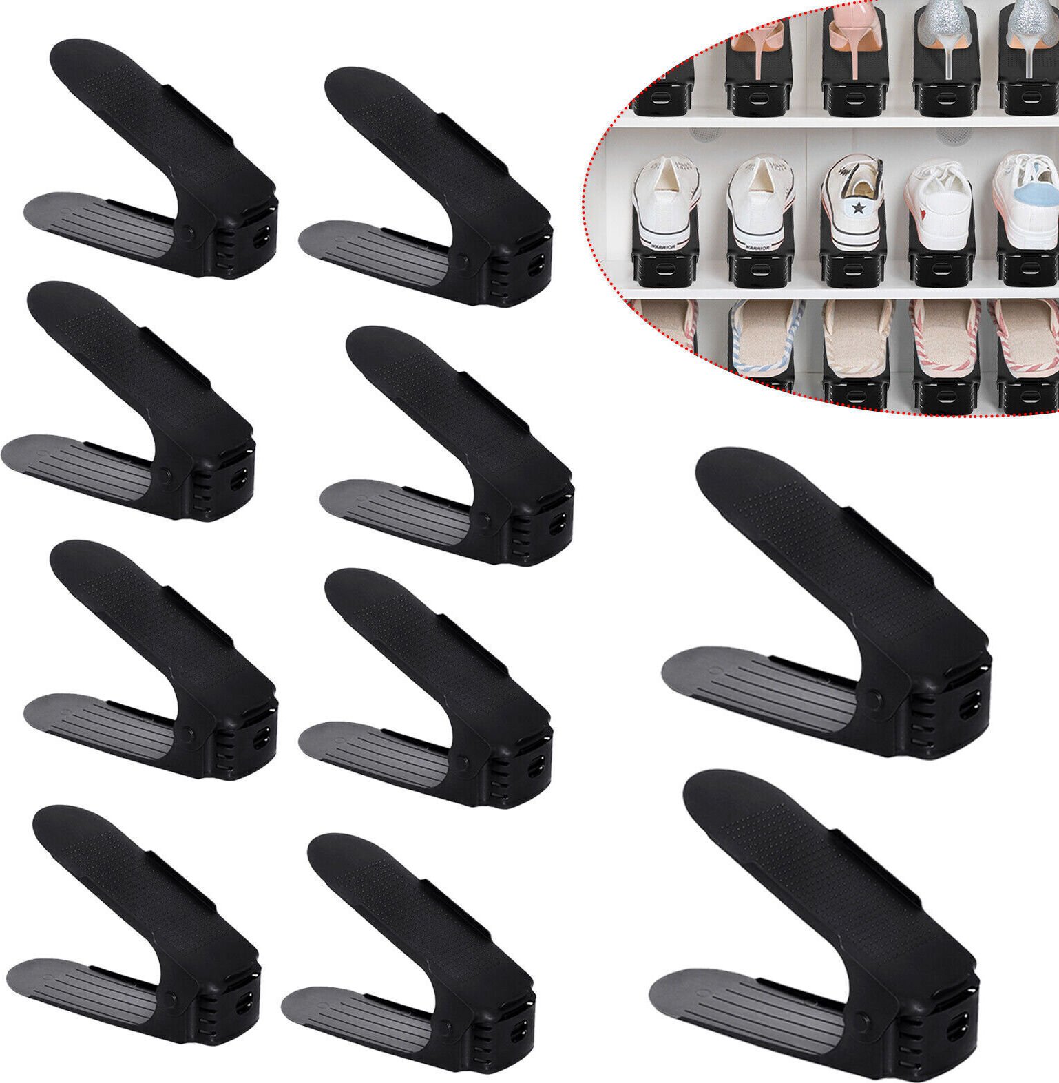 YUENFONG Zestaw 30 regulowanych stojaków na buty Antypoślizgowy stojak na buty z 3 regulowanymi wysokościami Organizer do przechowywania butów (30 sztuk, czarny)