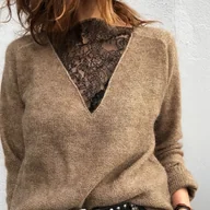 Swetry damskie - TEMU Damski Wiosenno-Jesienny Casualowy Modny Dojrzały Wyrafinowany Minimalistyczny Jednokolorowy Seksowny Głęboki Dekolt V z Koronkowym Wykończeniem - miniaturka - grafika 1