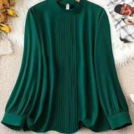 Koszule damskie - TEMU Damska Koszula z Długim Rękawem, Plisowana, Stójka, Jednokolorowa - miniaturka - grafika 1