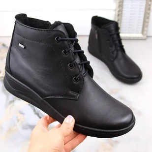 Skórzane komfortowe botki damskie na koturnie zimowe czarne Helios 584 - Botki damskie - miniaturka - grafika 1