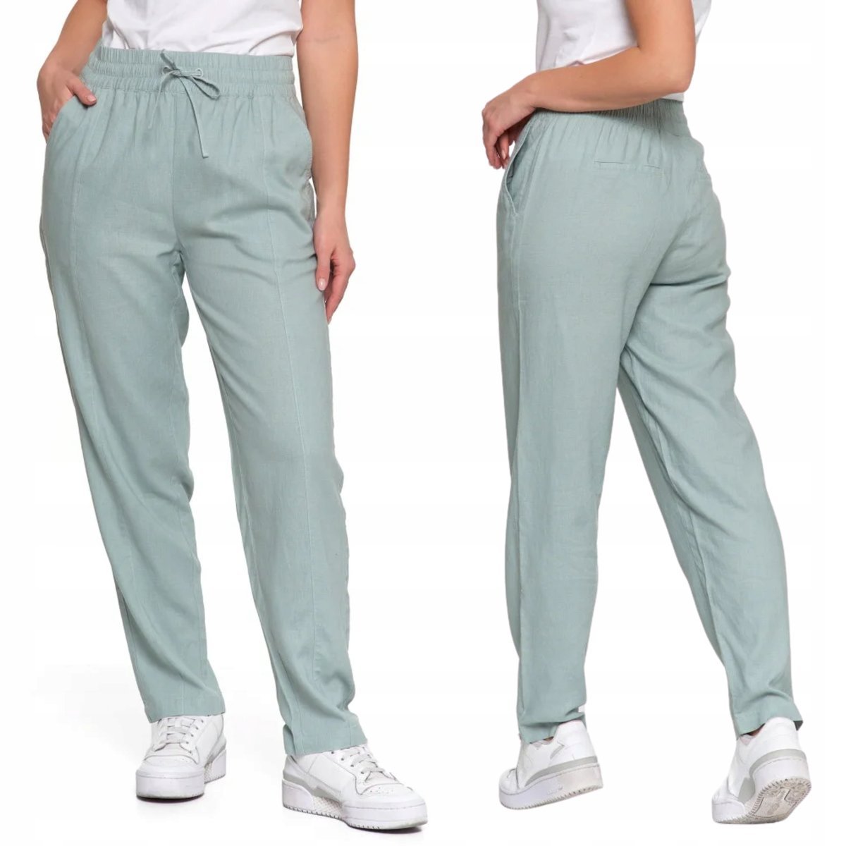 SPODNIE LNIANE DAMSKIE Z GUMKĄ W PASIE ELEGANCKIE PROSTA NOGAWKA MORAJ XL GREEN