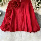 Koszule damskie - TEMU Elegancka letnia koszulka z długim rękawem w kształcie latarni dla kobiet - jednokolorowy okrągły dekolt, detale z falbankami, lekki poliestr, - miniaturka - grafika 1