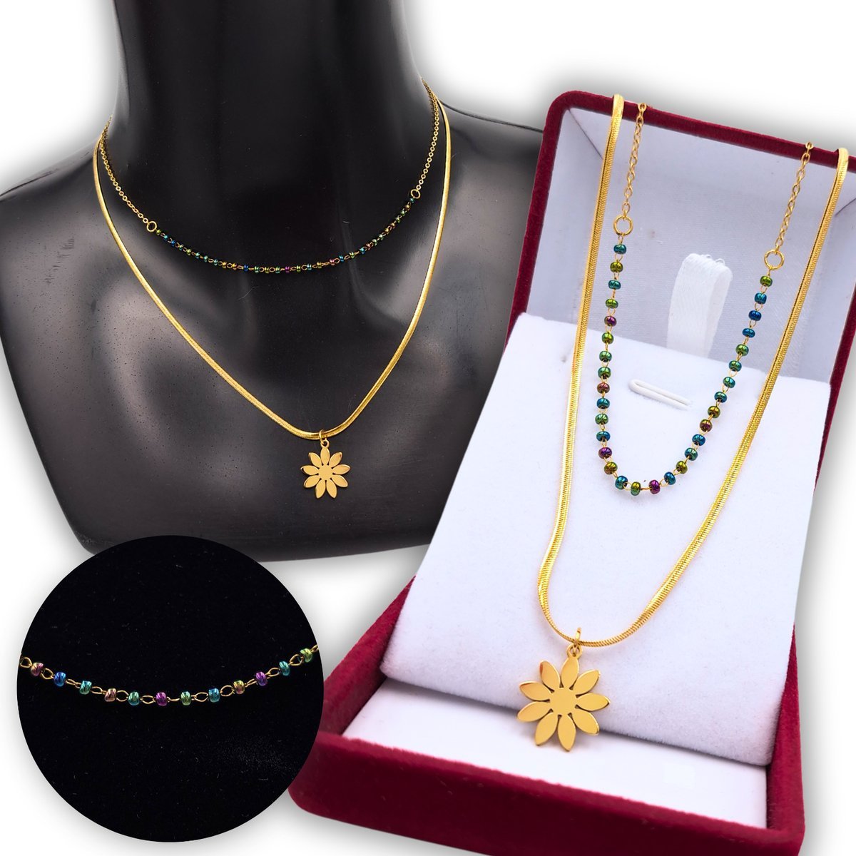 Naszyjnik Złoty Kwiatek i Holo Beads 2w1 - Pozłacana Stal chirurgiczna