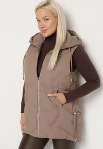Ciemnobeżowa Przejściowa Kamizelka z Pikowanymi Przeszyciami i Kapturem Fesolira - Kamizelki damskie - miniaturka - grafika 1
