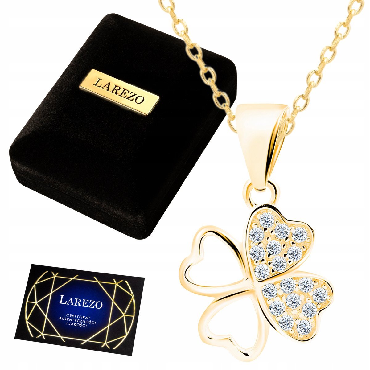 Złoty Naszyjnik 925 Czterolistna Koniczyna Kwiat Kwiatek na Szczęście