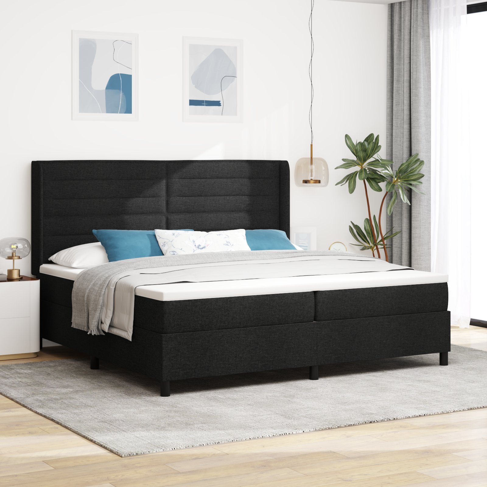 Łóżko Box Spring z Materacem i LED Czarne 200x200 cm Tkanina