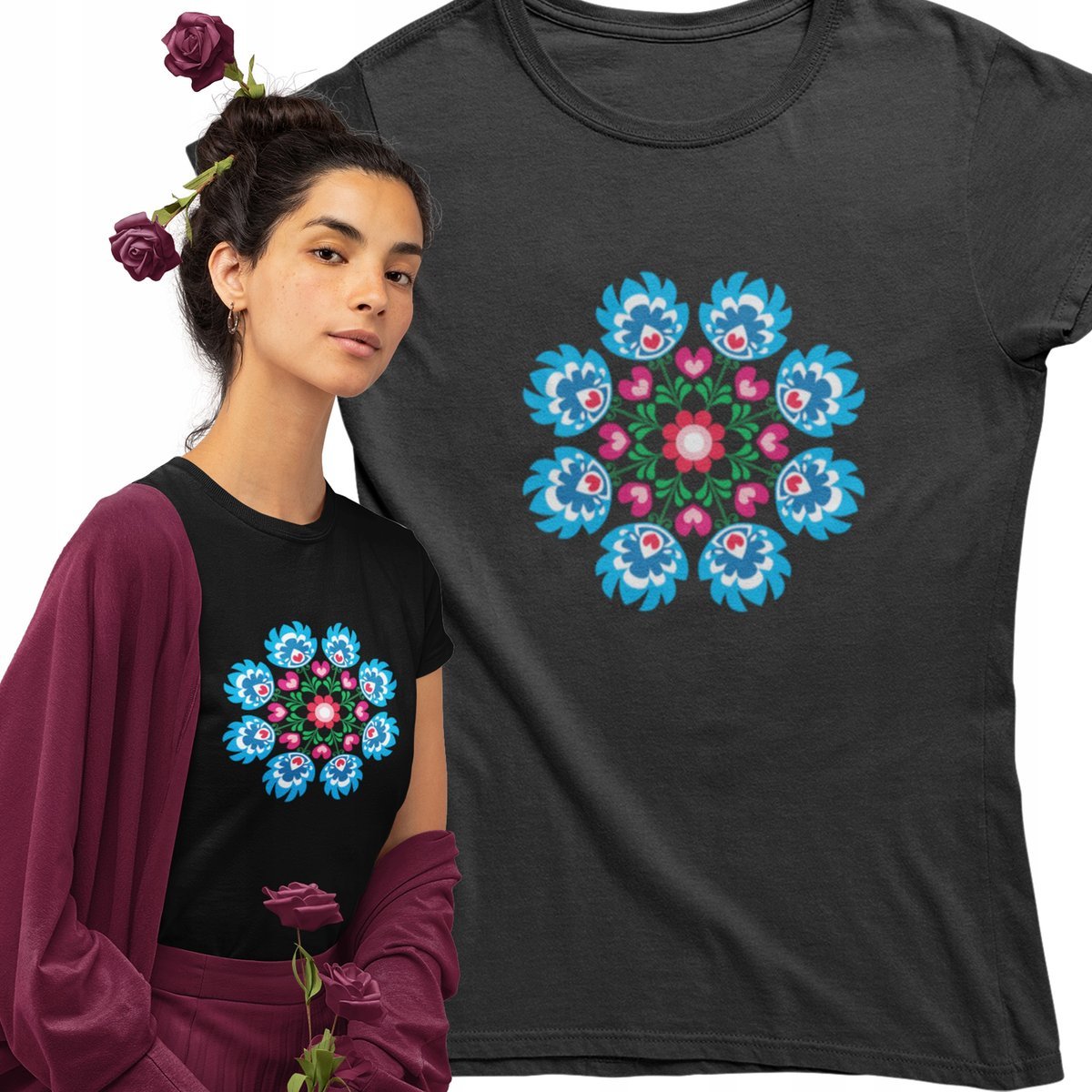 Koszulka dla niej FOLKOWA wiosenny kwiat prezent na dzień MAMY BABCI KOBIET