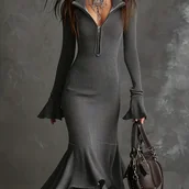 Sukienki - TEMU stylowa, klasyczna, szara sukienka typu "" dopasowana, z wygodną linią w talii. - miniaturka - grafika 1