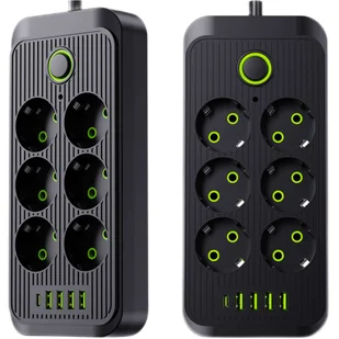 Przedłużacz Listwa zasilająca 6 gniazd gniazdka AC EU 4x USB + USB-C typ C gniazda 2500w Czarny - Listwy zasilające - miniaturka - grafika 2