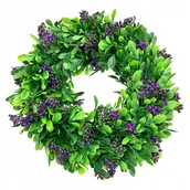 Sztuczne kwiaty - Wianek na drzwi stroik wieniec dekoracja na drzwi zielony z fioletowymi kwiatami - miniaturka - grafika 1