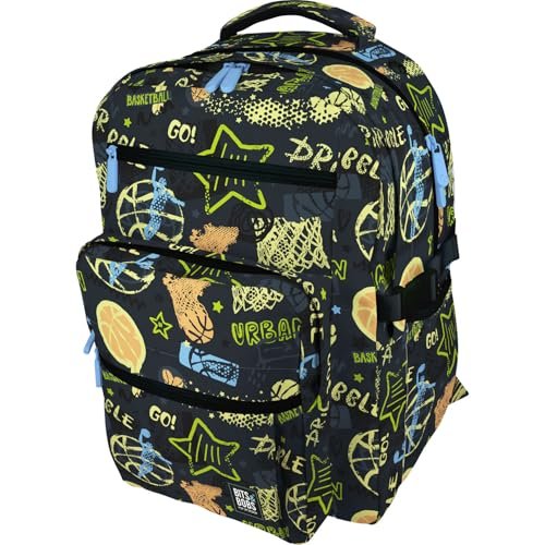Grafoplás Duży plecak szkolny, 32 x 46 x 24 cm, 31 litrów, wyściełany obszar na laptopa, model Bigpack, wzór Streetball, Bits & Bobs Pop Up Design, maksymalna ergonomia, Niebieski, XL, Szkolny