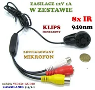 Minikamery i aparaty szpiegowskie - Mini Kamera Przewodowa Dzienno-Nocna (8x Black IR) 1000TVL, Kolorowa z Fonią + Klips + Zasilacz. - miniaturka - grafika 1
