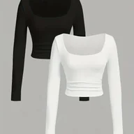 Bluzki damskie - TEMU Elegancki Damski Dwuczęściowy z Długim Rękawem - Szykowne Krótkie Bluzki z Okrągłym Dekoltem w Kolorze Czarnym i Białym, Mieszanka Poliestru, - miniaturka - grafika 1
