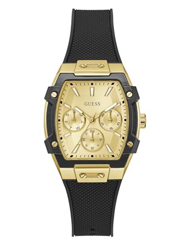 Guess Damski zegarek na rękę Phoenix z datą, czarny silikonowy pasek, szkło mineralne, złoty cyferblat, 3 bar, średnica koperty: 35 mm, GW0945L2