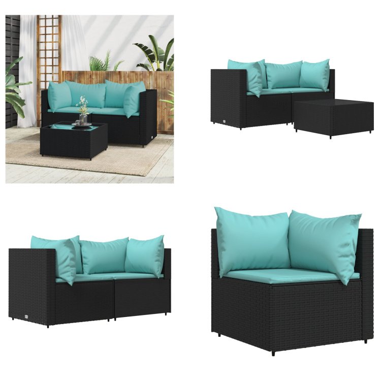 vidaXL 3-częściowy zestaw wypoczynkowy do ogrodu z poduszkami z czarnego polirattanu - Zestaw wypoczynkowy do ogrodu - Zestawy wypoczynkowe do ogrodu - Zestaw wypoczynkowy na zewnątrz - Zestaw wypoczynkowy na taras