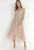 Sukienki - Beżowa Sukienka z Koronką i Tiulem Nemila - miniaturka - grafika 1