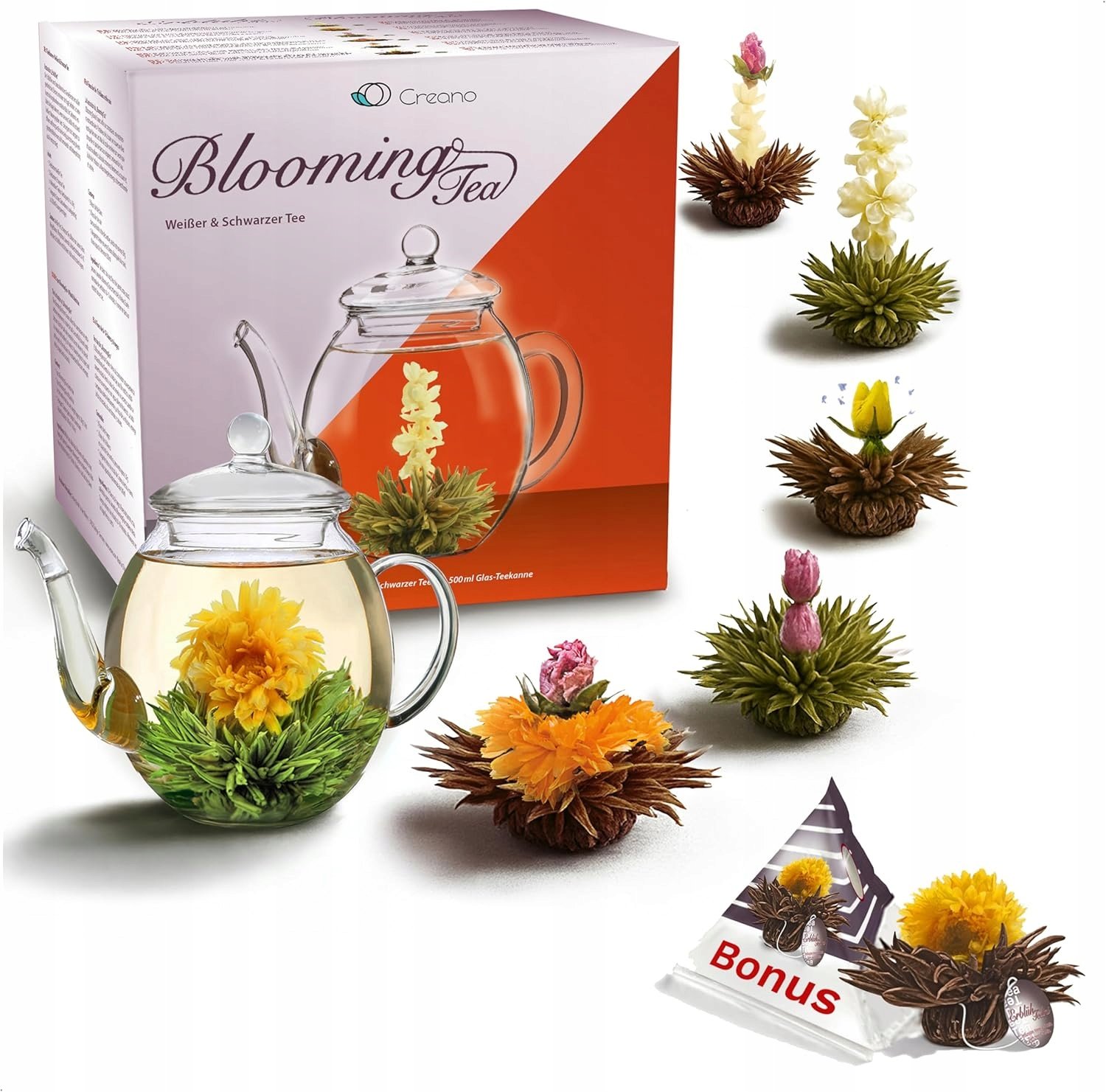 Zestaw herbat kwitnących 6 szt. z dzbankiem 500ml czarna i biała herbata