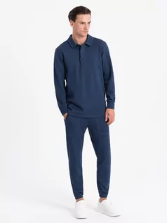 Bluzy męskie - Komplet męski dresowy bluza z kołnierzem polo + spodnie - granatowy V5 Z71 - grafika 1