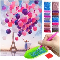 Malowanie po numerach - Haft Diamentowy ARTULIO, Obraz DIY 5D, Diamond Painting, Mozaika diamentowa 30x40cm (Dziewczynka z balonami na tle Wieży Eiffla) + zestaw akcesoriów - miniaturka - grafika 1