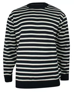 Swetry męskie - Sweter Granatowo-Biały w Paski, Łaty na Rękawach, Okrągły Dekolt (U-neck), Męski - BELIKA - Belika - grafika 1