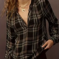 Koszule damskie - TEMU Stylowa koszula damską w kratkę - Elegancka bluzka z długim rękawem i detalem falbani, poliestrowy materiał z dzianiny, brązowy pasek, czarna - miniaturka - grafika 1