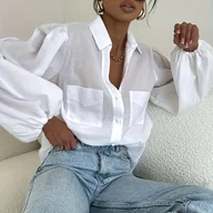 Koszule damskie - TEMU Damska Elegancka Koszula z Długim Rękawem z Szyfonu z Guzikami z Tkaniny, Podwójna Kieszeń z Przodu, Jednokolorowa, Nieelastyczna, - miniaturka - grafika 1