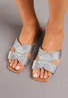 Klapki i japonki damskie - Srebrne Płaskie Klapki Ozdobione Cyrkoniami Tinalena - miniaturka - grafika 1