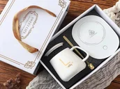 Zabawki kreatywne - Elegancki Kubek Ceramiczny z Podgrzewaczem i Złotą Łyżeczką Wieczkiem Biały - miniaturka - grafika 1