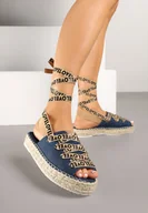 Sandały damskie - Granatowe Sandały na Podeszwie z Plecionki z Ozdobnym Sznurowaniem Palitia - miniaturka - grafika 1