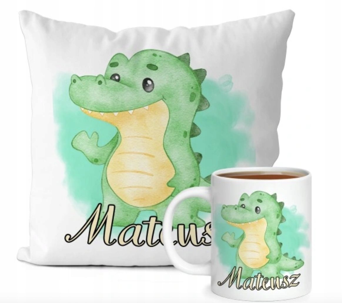 ZESTAW PODUSZKA + KUBEK Prezent DINOZAURY T-REX Z DINOZAURAMI + IMIĘ 34
