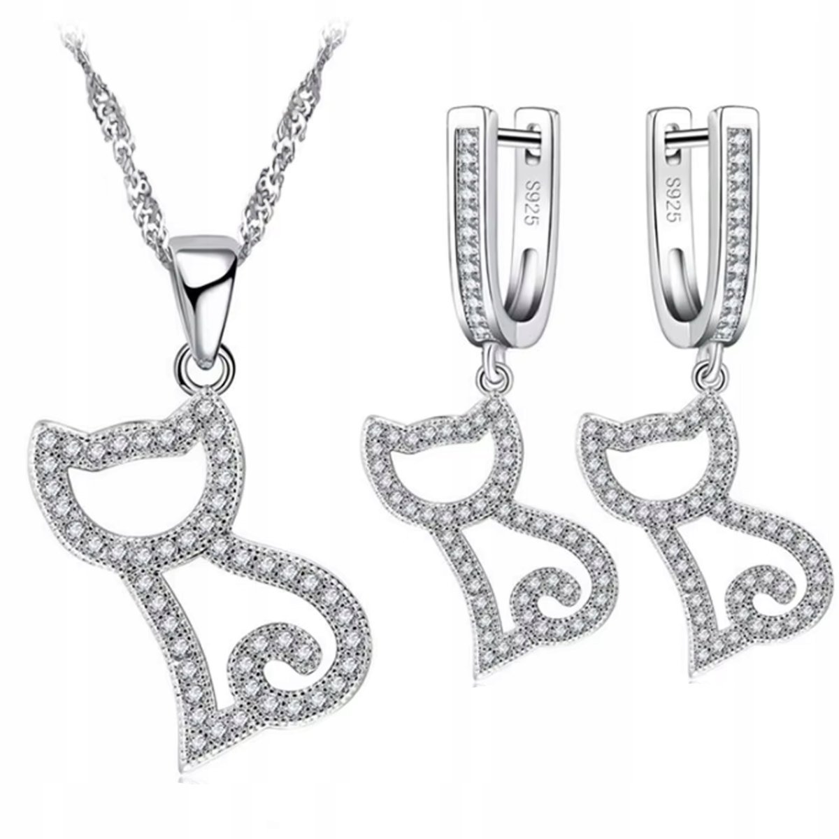 Srebrny zestaw biżuterii w kształcie kotków srebrzony z cyrkoniami prezent