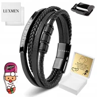 Bransolety męskie - Męska Bransoletka Skórzana Czarna Stalowa Z Grawerem Regulowana Solidna - miniaturka - grafika 1