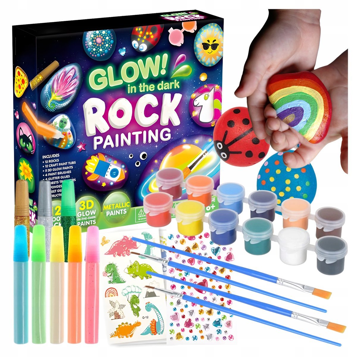 DUŻY ZESTAW DO MALOWANIA KAMIENI DIY ŚWIECĄCY W CIEMNOŚCI FARBY PĘDZLE ROCK