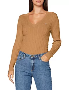 GANT Damski sweter ze stretchem Cotton Cable z dekoltem w serek - Swetry damskie - miniaturka - grafika 1