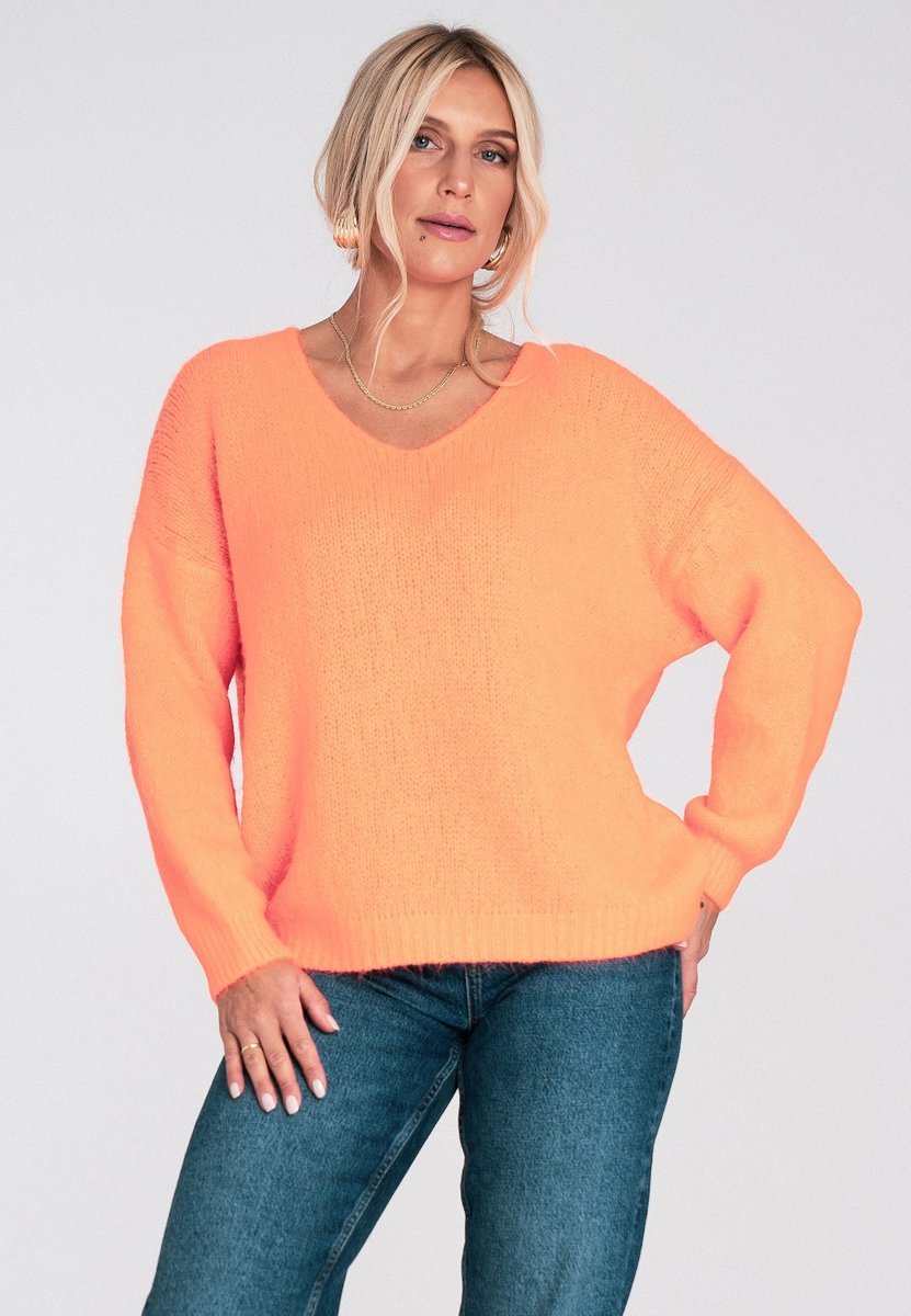 Damski sweter oversize z dekoltem V z miękkiej dzianiny akrylowej na co dzień - M1236, pomarańczowy, L