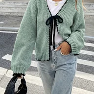 Swetry damskie - TEMU Kardigan Damski z Eleganckim Kolorowym Blokiem i Wiązaniem na Przodzie - Lekka Dzianina 100% Poliestrowa, Możliwość Prania w Pralce, Casualowa - miniaturka - grafika 1