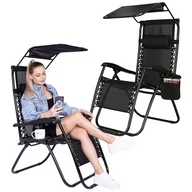 Leżaki ogrodowe - Leżak ogrodowy grawitacyjny z daszkiem czarny zestaw 2 szt - miniaturka - grafika 1