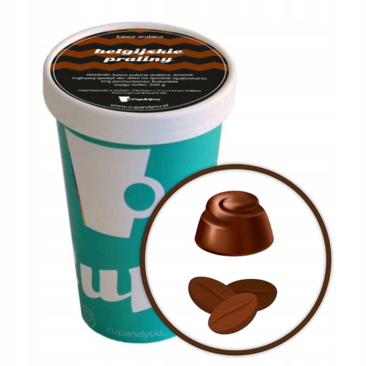 Kawa aromatyzowana BELGIJSKIE PRALINY ziarnista ARABICA Cup&You 200g ekstra - smakowa uczta dla podniebienia