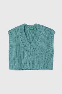 Swetry dla dziewczynek - United Colors of Benetton kamizelka z domieszką wełny kolor zielony - grafika 1