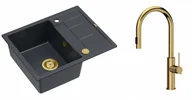 Zlewozmywaki z baterią - Quadron Unique Zlewozmywak granitowy jednokomorowy 62*50*22 cm z ociekaczem MORGAN 116 BLACK DIAMOND z syfonem Push-2-Open w kolorze złotym z baterią JENNIFER Q LINE SLIM z wyciąganą wylewką i funkcją prysznica kolor złoty - miniaturka - grafika 1