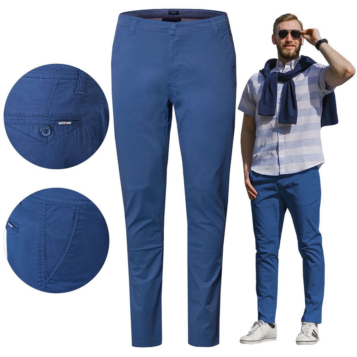 SPODNIE Męskie CHINOSY Bawełniane NIEBIESKIE Slim Fit W32/L32 Pako Jeans