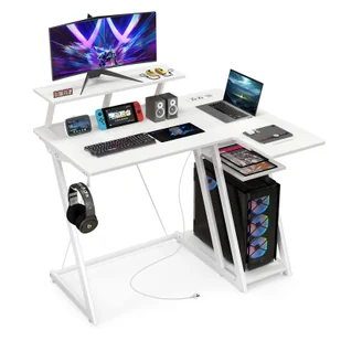 Biurko COSTWAY z gniazdami zasilania, portami USB, zaczepami na słuchawki, podstawką na monitor i procesor, małe biurko komputerowe, 107x45x93cm - Biurka gamingowe - miniaturka - grafika 1
