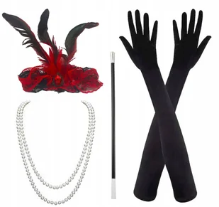 ZESTAW RETRO CZERWONA OPASKA z PIÓRAMI CZARNE RĘKAWICZKI PERŁY CYGARETKA - Dodatki do strojów karnawałowych - miniaturka - grafika 1