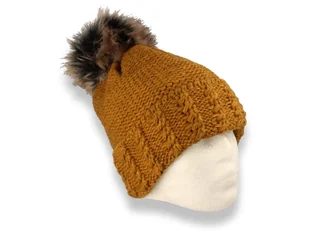 Czapka damska zimowa z pomponem polska produkcja żółto-brązowa ocieplana polarem - Czapki damskie - miniaturka - grafika 1