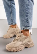 Moda i Uroda OUTLET - Ciemnobeżowe Sznurowane Sneakersy na Grubej Podeszwie ze Wstawkami z Siateczki Vleni - miniaturka - grafika 1