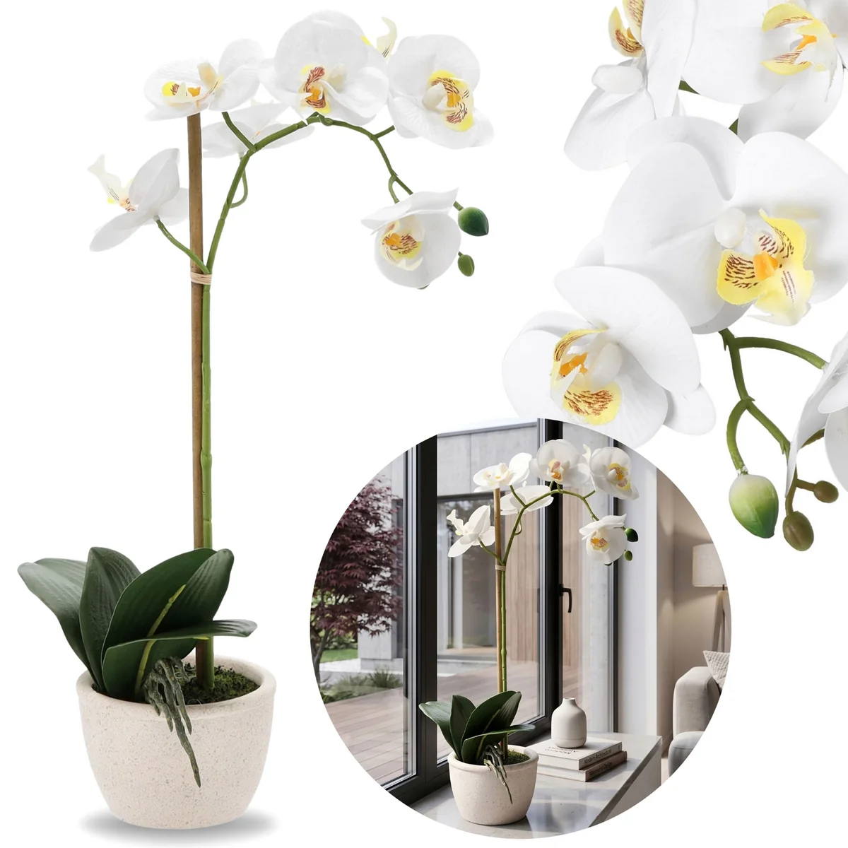 Sztuczny storczyk, Biała orchidea W DONICZCE, JAK ŻYWY, ozdobny kwiat 43 cm